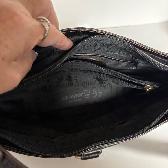 Etienne Aigner Black Leather Shoulder Bag Multiple Compartments Top Zipper - Picture 7 of 10